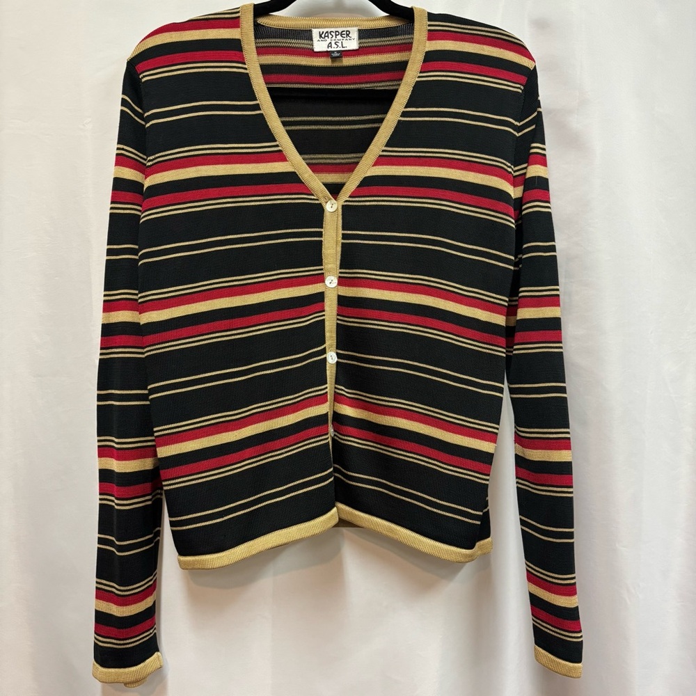 Vintage Y2K Kasper A.S.L. 100% Silk Striped Cardigan Button Pinstriped  Size M